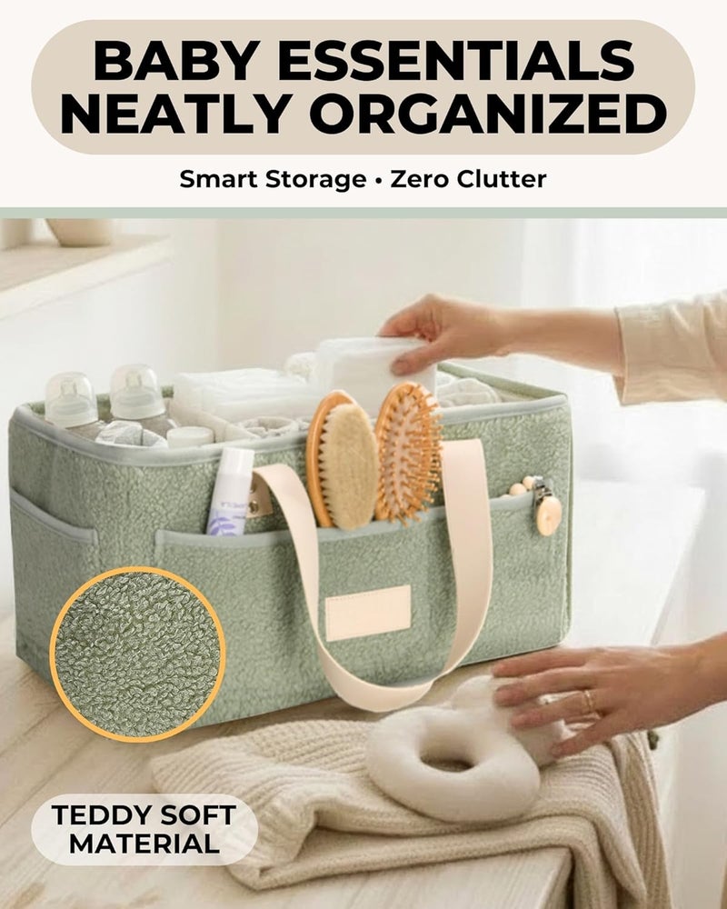 Toodly Baby Diaper Caddy Organizer with Portable Changing Mat - Teddy Fleece Diaper Organizer for Changing Table - Basket for Changing Essentials - Baby Essentials Organizer with Removable Dividers - Image 4